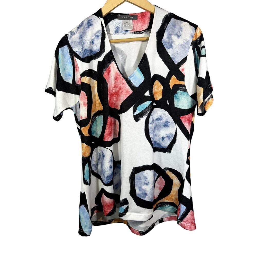 VIA RITINA Women's Abstract Watercolor V-Neck Short Sleeve Top White Size Medium